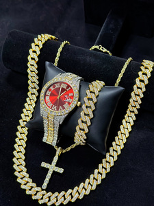 Ensemble de montres et bijoux de luxe pour hommes, 4 pièces, montre calendrier hip-hop avec strass pour hommes, 2 colliers, bracelet en alliage, cadeau - Product Image 5