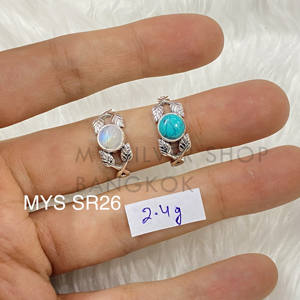 Diseño de hoja turquesa y piedra lunar arcoíris anillo de piedras preciosas redondas Plata de Ley 925 joyería fina hecha a mano anillos de plata al por mayor - Product Image 1