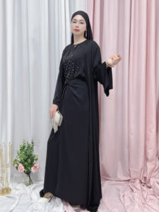 Yeni moda uzun kollu açık Abaya elbise boncuk tasarım müslüman kadınlar için <span class=keywords><strong>3</strong></span>-Piece Set-Islam giyim Maxi Kimono Nida yaz - Product Image 5