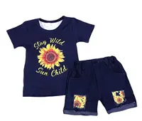 summer baby girls clothing set sunflower print dark blue jeans short-sleeved denim suit girls wholesale outfit