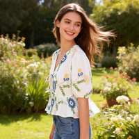 Nouvelle Blouse Femme Printemps 2026 Style Bohème Européen et Américain à Col V, Volants, Manches Courtes et Cordon de Serrage, Lavable, en Polyester
