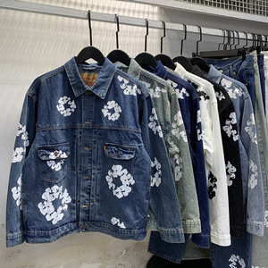 Veste en jean pour homme, style européen-américain, imprimé floral, délavé moyen, coupe ample, vintage, marque tendance, style hip-hop urbain - Product Image 2
