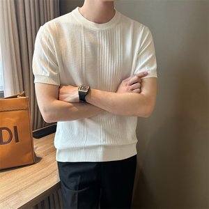 Camiseta de Manga Corta Blanca para Hombre, Tejido de Punto, Corte Ajustado, Color Sólido, Ropa Juvenil de Verano - Product Image 3