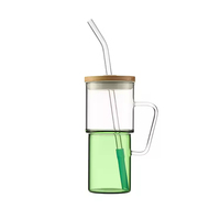 Bouteille d'eau transparente colorée avec paille, en verre cristallin 615 ml, avec couvercle, portable et tenable en main