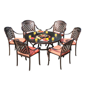 Ensemble de jardin en aluminium coulé pour l'extérieur, table ronde 6 places avec grill, style traditionnel, meubles de cour résistants aux intempéries - Product Image 1