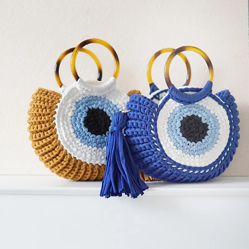 2022 fashion devil's eye women hand beach bags handmade wool crocheted bag ladies