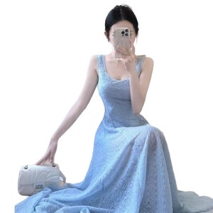 Blue <b>Spaghetti</b> Strap Dress Square Neck <b>Long</b> Solid Color Beach Cover Up Summer Style - Product Image 5