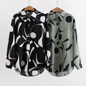 Dames Nieuwe Bedrukte Losse Revers Shirt Top <span class=keywords><strong>Blouse</strong></span> Mode Met Lange Mouwen - Product Image 1