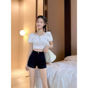 กางเกงเอวสูงขาสั้นสีดำสำหรับผู้หญิงกางเกงขาสั้นยาวถึงก้นยืดหยุ่นสูงสไตล์สาวฮอตสำหรับฤดูใบไม้ผลิ2025 - Product Image 3