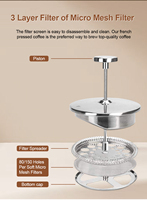 Cafetière à presse française de luxe robuste en acier inoxydable à double paroi de 34 oz avec filtres supplémentaires résistante à la chaleur et portable