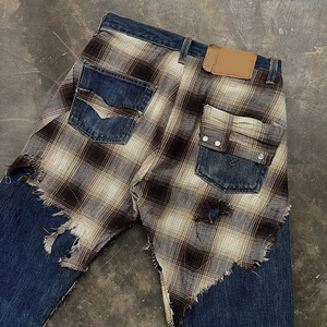 Jean baggy en coton à <span class=keywords><strong>carreaux</strong></span> pour <span class=keywords><strong>homme</strong></span>, patchwork, effet vieilli, denim reworké, avec applique numéro personnalisé, style streetwear - Product Image 4