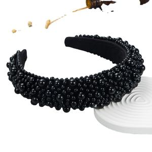 عصابة رأس عريضة بيضاء للعروس، مزينة بالخرز الأسود والراين، إكسسوار شعر من القماش، طوق شعر مزين باللؤلؤ - Product Image 5