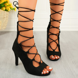 Nuevos Zapatos de Mujer Tallas Grandes, Sandalias de Tacón Alto con Cordones, Tacones Finos, Tiras Cruzadas, Zapatos de Mujer de Caña Alta - Product Image 1