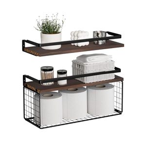 Mensole Galleggianti in <span class=keywords><strong>Legno</strong></span> per <span class=keywords><strong>Bagno</strong></span> <span class=keywords><strong>con</strong></span> Supporti in Metallo e Cestini Portaoggetti - Product Image 1