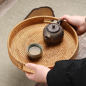 Bamboo Woven Round Serving <b>Trays</b> <b>Small</b> And Large Household Storage Dishware For Tea And Snacks Solid Pattern Huzhou Origin - Product Image 2