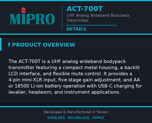 MIPRO Compact 5 Stage Gain Bodypack Transmitter With Backlit LCD Wireless <b>For</b> Headworn And Instrument System Use - Product Image 4