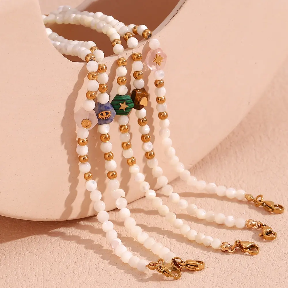 Gioielli con pietre preziose naturali all'ingrosso braccialetto con perline di gioielli placcati in oro con perle di conchiglia bianca