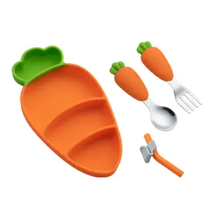 Cute Kids Utensils Divided Stainless Steel Spoon Folk Mini Silicone Bowl Baby Plate Set Carrot Shaped Tableware For Baby