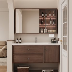 ชุดโต๊ะเครื่องแป้งห้องน้ำไม้วอลนัทดีไซน์โมเดิร์นกลางศตวรรษ พร้อมแผงประตูลายโครงกระดูก ที่จับลายทอง 2 ลิ้นชัก - Product Image 1