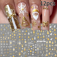 12Pcs Stiker Kuku Natal Glitter Emas Putih Santa Snowflake Pohon Pita Dekorasi Kuku Perekat Sendiri