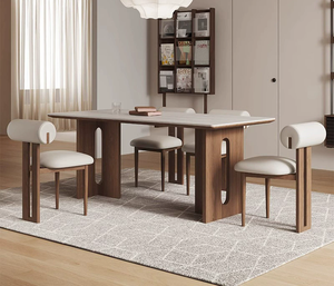 Mesa de Comedor de Madera de Estilo Vintage con Tablero de Travertino, Mesa de Comedor Rectangular de Madera Maciza Color Nogal, Juego de Mesa y Sillas - Product Image 2