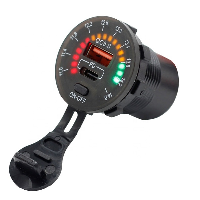 12V-24V Car Charger Type-C QC3.0 Dual USB Socket with on OFF Switch Control and Ring LED Voltmeter