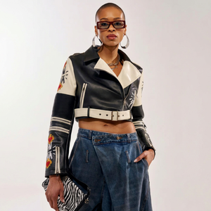 PU Leather Moto <b>Jacket</b> With Embroidery <b>Patchwork</b> Design Turn-down Collar Belt Closure Short Length Unisex Autumn Style - Product Image 1