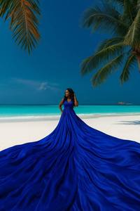 Nuevo Vestido Elegante Azul Rey de Satén para Sesión de Fotos en la Playa, Lujoso, Largo hasta el Suelo, Asimétrico, Sin Espalda, Largo hasta la Rodilla, Cuello en V, Corte Alto - Product Image 6