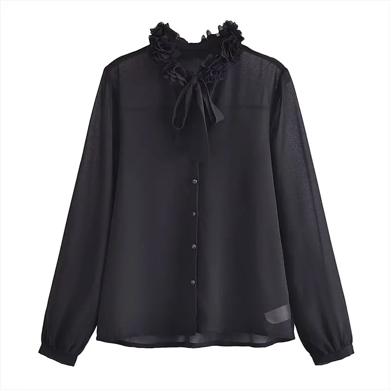ZATRHMBM Women 2023 Spring Fashion Chiffon Black Blouse Vintage Long Sleeve Button Up Female Shirts Blusas Chic Tops