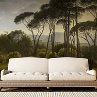 Murale murale personnalisable en matériau imprimé par transfert thermique, motif paysage forestier européen vintage Art Déco, formes géométriques, pour salon