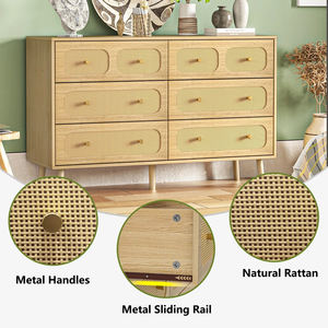מודרני בוהו ראטן עץ בהיר 6-מגירות עץ בהיר 6 עם ידיות זהב למיקור סלון חדר שינה - Product Image 4