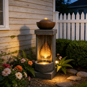 Fontaine d'extérieur autoportante en résine, résistante aux intempéries, style Art Déco moderne, avec cascade et ornements LED, vente en gros - Product Image 1