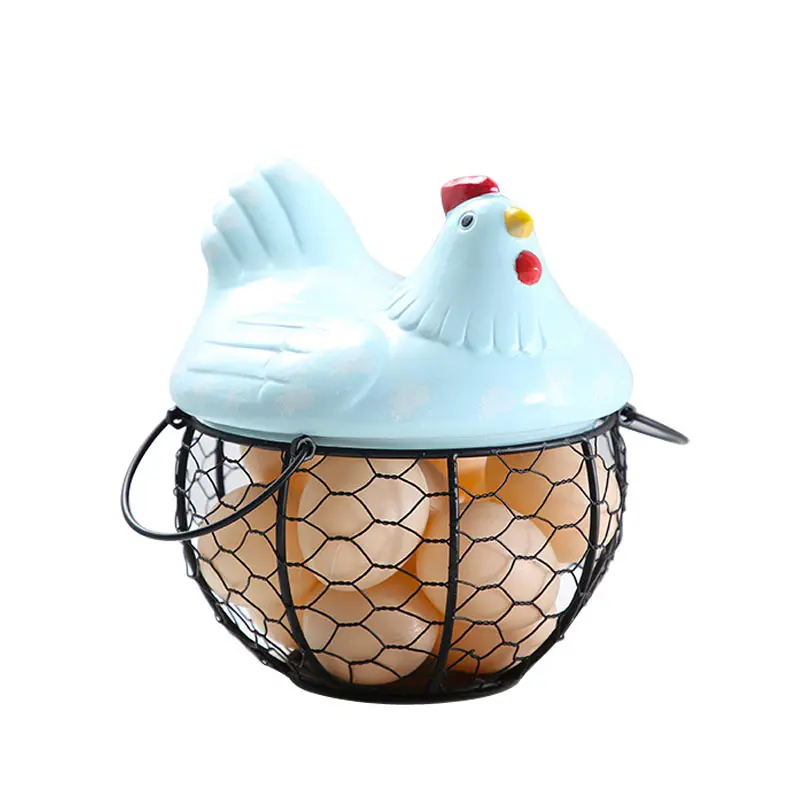 Filo di metallo Uovo Contenitore Di Stoccaggio con Gallina A Forma di Copertura, Agriturismo Stile Uovo Cesto con Coperchio In Ceramica, raccolta da cucina Cestino