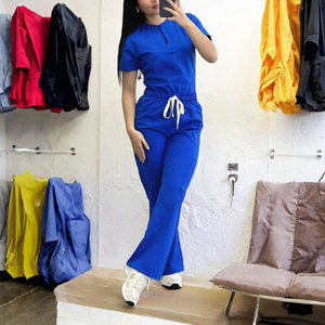 Women <b>Blue</b> <b>Scrub</b> Set Cotton Polyester Woven Hospital Uniform Bell-bottom Pants Stretchy Nurse Workwear - Product Image 2