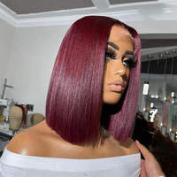 Cabello Humano Liso Brasileño Virgen Rojo 99J para Peluca, Encaje HD 13x4 Pre-Desplumado, Bob Corto para Mujeres Negras