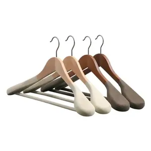 Customized Luxury Flocked Clothes Hangers Mens Suit Natural Wooden Hangers With Wide Shoulders