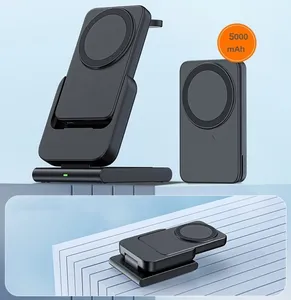 Romvable 5000mAh Power Bank Cargador inalámbrico 3 en 1 para iPhone iwatch airpods Batería magnética inalámbrica con soporte móvil