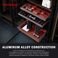 Système de rangement de placard en aluminium et cuir avec quincaillerie, porte-pantalon coulissant à fermeture amortie, tiroir de rangement coulissant et boîte organisatrice de bijoux