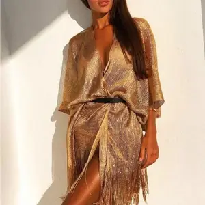 Dynamics Bohemian Tassel Bikini Kaftan Gold Silver Ribbon Sleeve Split Shawl Holiday Beach Blouse Sexy Lady Top