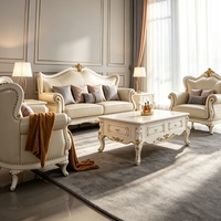 Ensemble de canapés en cuir de luxe européen, canapé classique en bois massif sculpté, meubles de salon pour maison et villa, vente en gros