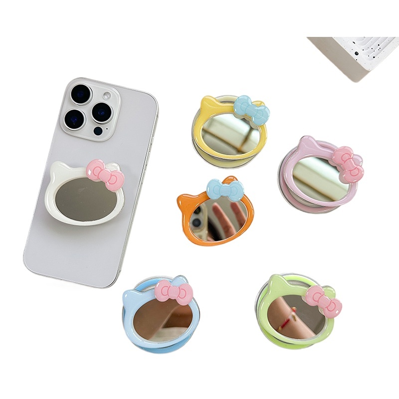 Cartoon <strong>Kitty</strong> Mirror Phone Grip Stand , Retractable Phone Grip with Bow, Cute Cat Makeup Mirror Phone Socket