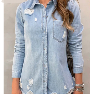Nuova camicetta Casual autunno <span class=keywords><strong>donna</strong></span> top Denim camicetta con bottone <span class=keywords><strong>Jeans</strong></span> strappati camicie femminili - Product Image 2