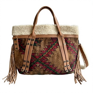 Boho Geometric Pattern Genuine Leather Handmade Ethnic <b>Handbag</b> Rustic Bohemian Embroidered Shoulder Tote Bag with Two <b>Handles</b> - Product Image 2