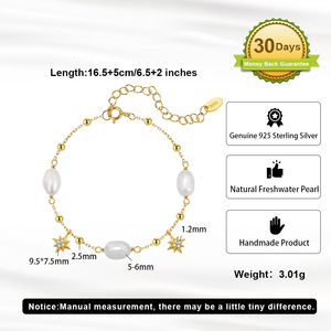 Bracelet <span class=keywords><strong>en</strong></span> argent sterling 925 RINNTIN GPB60 avec perle d'eau douce naturelle et breloque étoile, chaîne fine réglable pour femme - Product Image 3