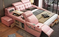 Meubles de chambre à coucher modernes blancs, lit king size en cuir, cadre en chêne, haut-parleur, chargeur USB, canapé-lit massant, garantie de 5 ans