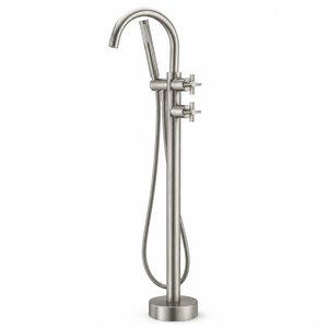 Grifo <span class=keywords><strong>de</strong></span> bañera <span class=keywords><strong>de</strong></span> pie con cuello <span class=keywords><strong>de</strong></span> cisne, doble manija cruzada, <span class=keywords><strong>ducha</strong></span> <span class=keywords><strong>de</strong></span> mano, níquel cepillado, venta al por mayor <span class=keywords><strong>de</strong></span> fábrica - Product Image 1