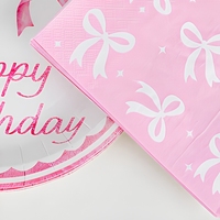 Ensemble de vaisselle jetable en papier rose sur le thème du nœud rose, écologique, parfait pour les célébrations d'anniversaire, vente en gros