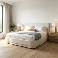 Lit plateforme moderne avec éclairage LED d'ambiance, revêtement en lin beige, cadre de lit durable pour la maison, l'appartement, l'hôtel, commande en gros personnalisée
