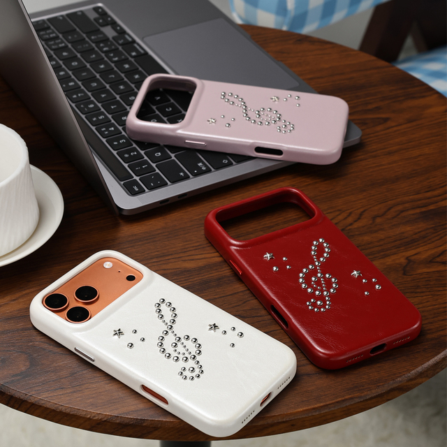 Studded Music Note PU Leather Portable Phone Case for iPhone 17/18 Shockproof Credit Card Compatible Protective Case
