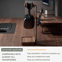 Support pour casque en noyer, supports de casque en bois avec base de rangement, supports de rangement de bureau adaptés aux casques de jeu et de musique